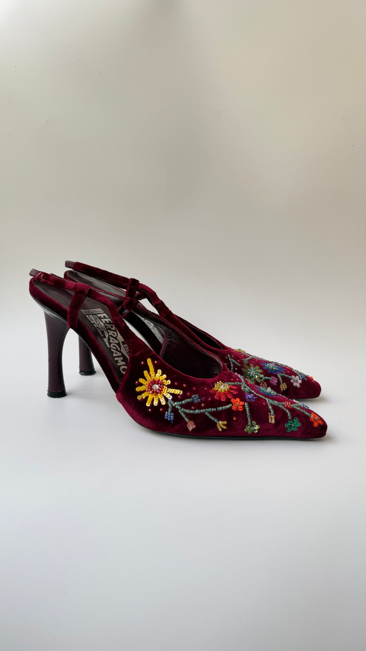 Salvatore Ferragamo beaded velvet slingback courts
