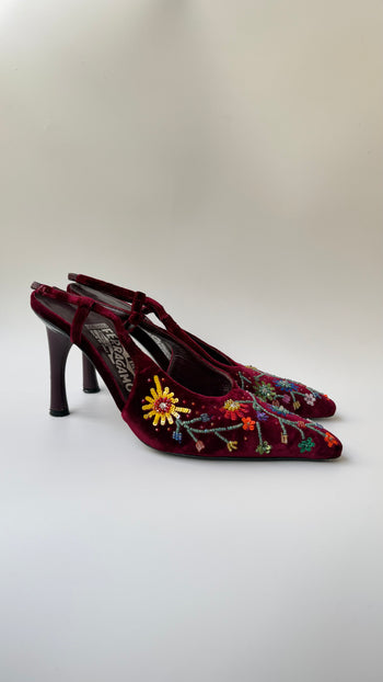 Salvatore Ferragamo beaded velvet slingback courts