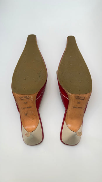 Prada red leather kitten heel mules