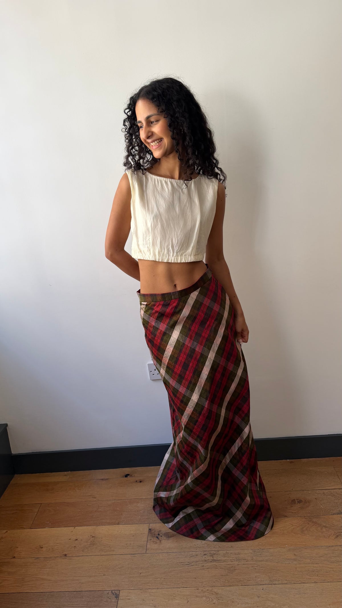 Maxi raw silk checked summer skirt