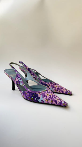 Moschino purple flower print slingback kitten heels 37.5