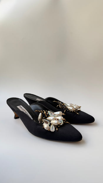 Manolo Blahnik vintage evening mules with faux pearls 37.5