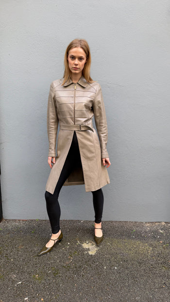 Barbara Buiko leather in stone colour long-line coat