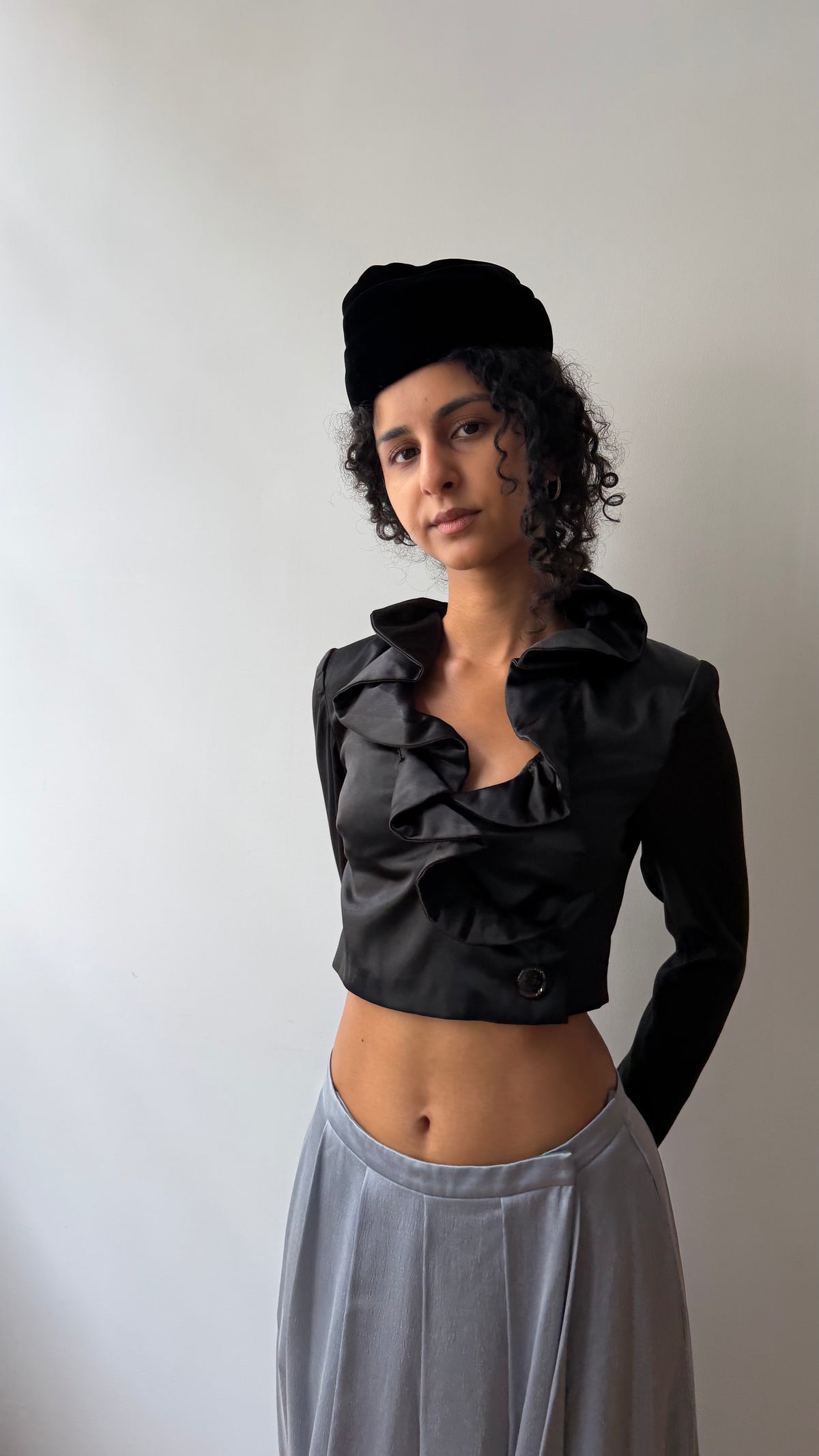 Handmade cropped satin ruffled jacket