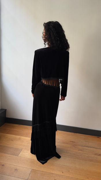 1990’s British vintage tasseled velvet maxi skirt suit set