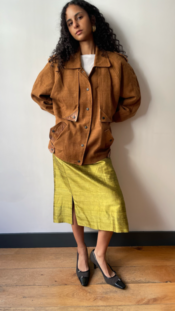 1980’s vintage camel linen blend bomber jacket with leather detailing