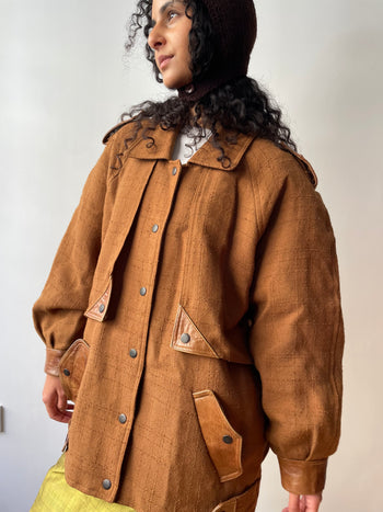 1980’s vintage camel linen blend bomber jacket with leather detailing