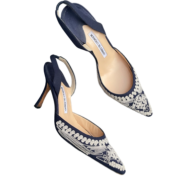 Manolo Blahnik embroidered denim slingback courts 38