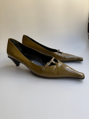 Prada archive olive green patent leather courts