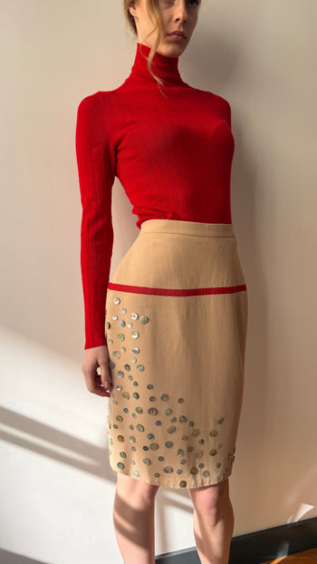 Chanel pear shell button appliqué vintage wool skirt