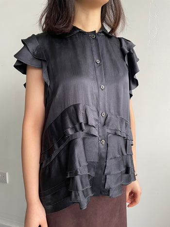 Prada silk distressed frayed short sleeve blouse charcoal black 44IT