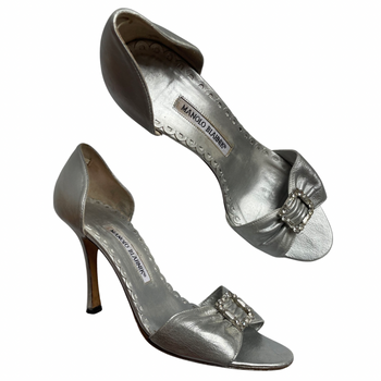 Manolo Blahnik open-toes silver courts with diamanté buckle 37.5