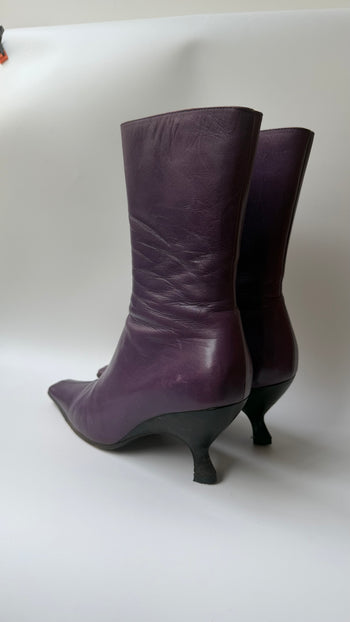 Miu Miu purple square toe kitten heel boots