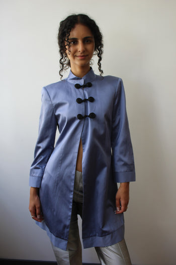 Vintage Mandarin pure silk pastel blue long-line jacket