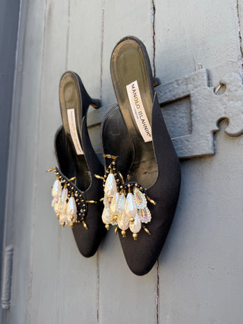 Manolo Blahnik vintage evening mules with faux pearls 37.5