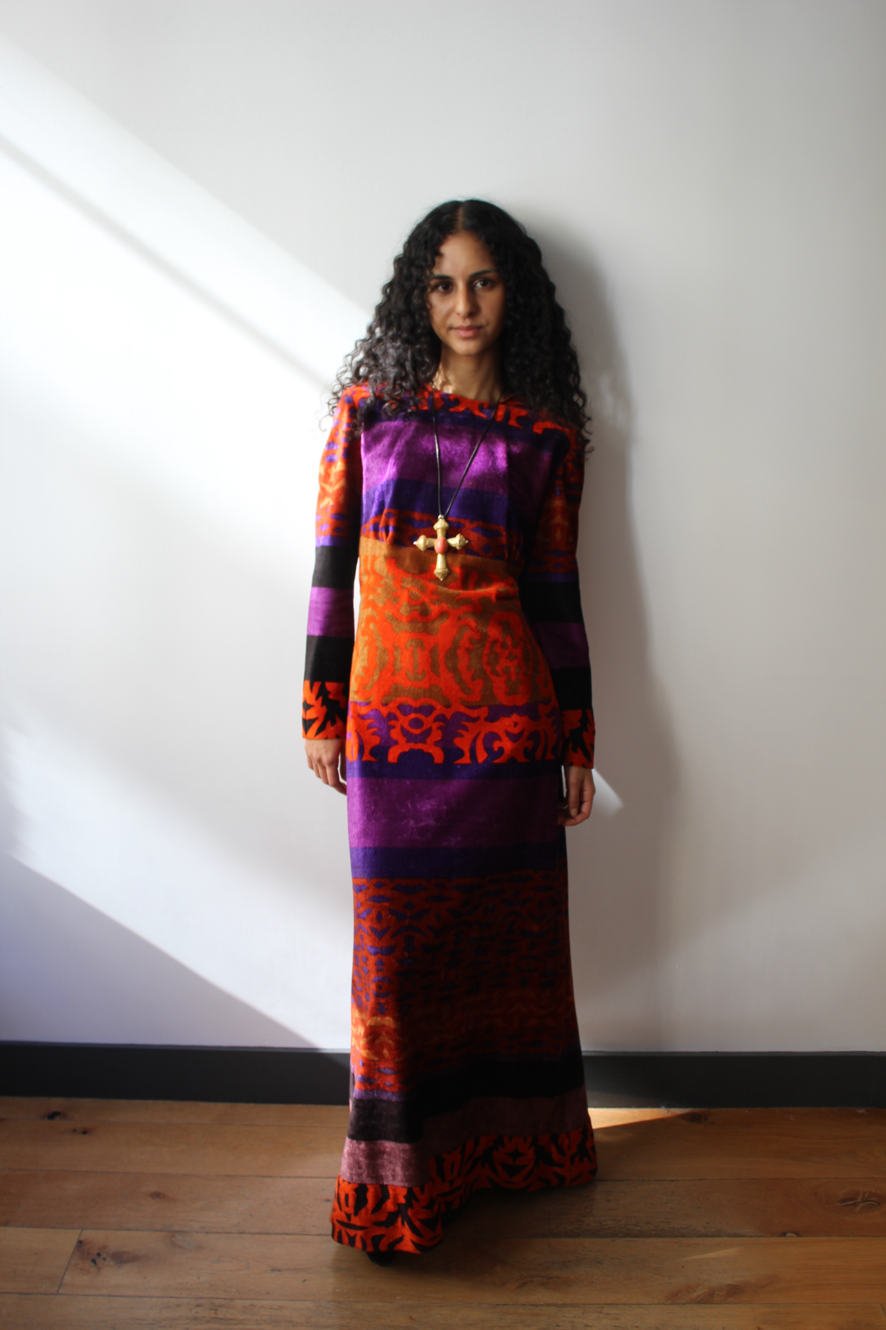 1970’s vintage printed maxi velvet dress