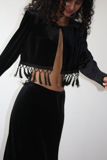 1990’s British vintage tasseled velvet maxi skirt suit set