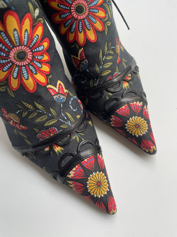 Dior Galliano era floral print lace-up detailed ankle boots 36