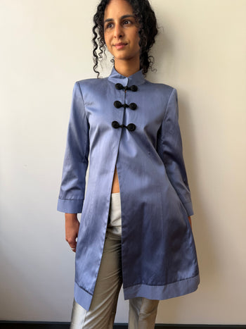 Vintage Mandarin pure silk pastel blue long-line jacket