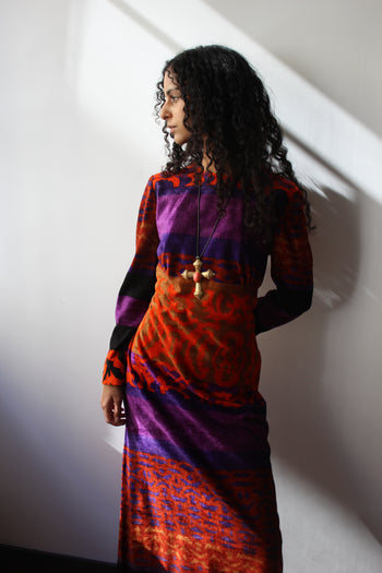 1970’s vintage printed maxi velvet dress