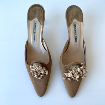 Manolo Blahnik canvas mules with shells 37.5