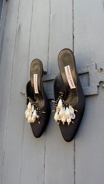 Manolo Blahnik vintage evening mules with faux pearls 37.5