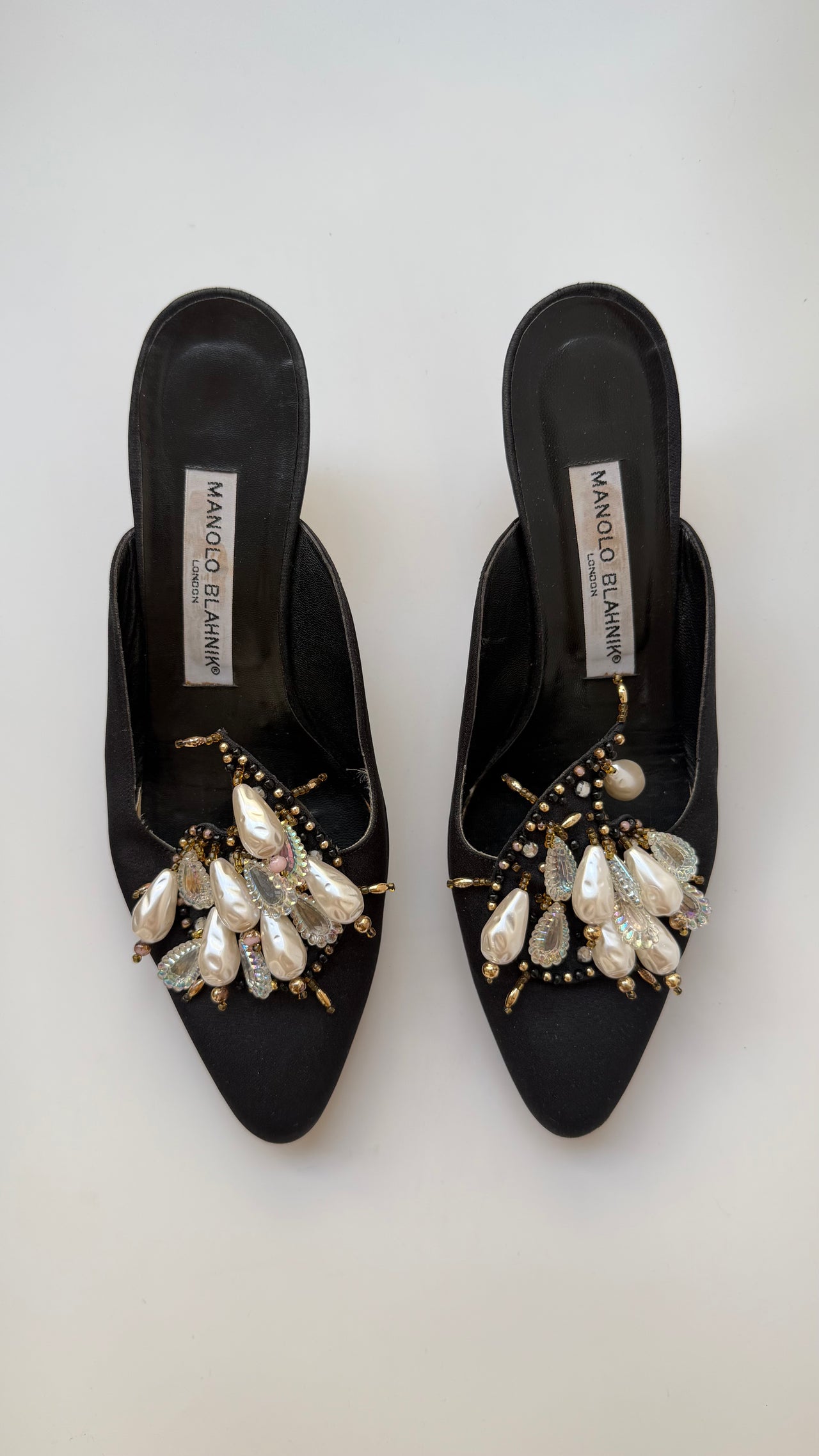 Manolo Blahnik vintage evening mules with faux pearls 37.5