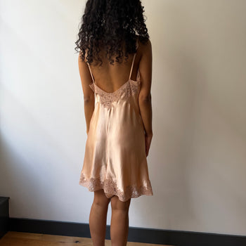 1920’s antique silk slip embroidered lace chemise dress in peach