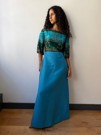 1970’s maxi silk & wool turquoise gown dress