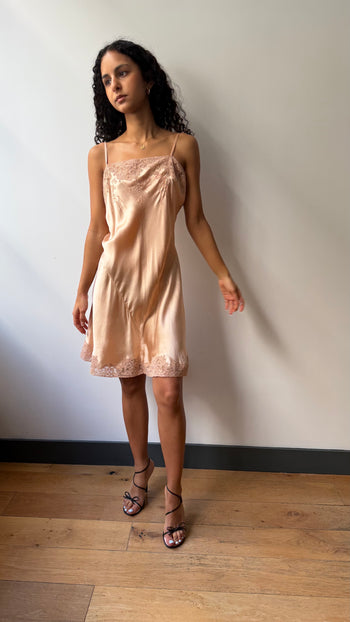 1920’s antique silk slip embroidered lace chemise dress in peach