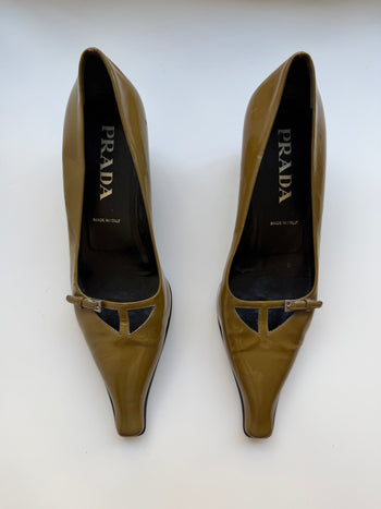 Prada archive olive green patent leather courts