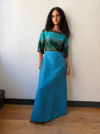 1970’s maxi silk & wool turquoise gown dress