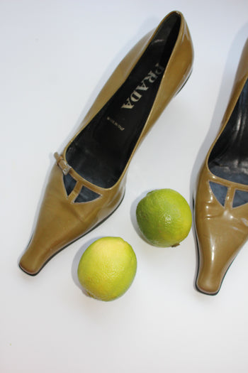 Prada archive olive green patent leather courts
