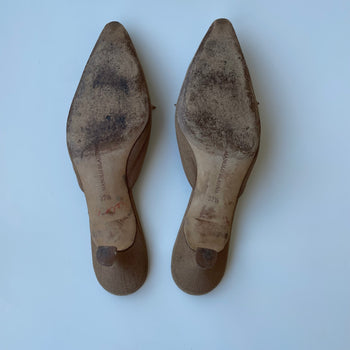 Manolo Blahnik canvas mules with shells 37.5
