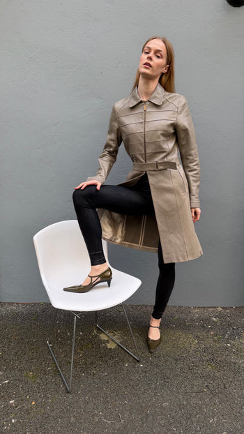 Barbara Buiko leather in stone colour long-line coat