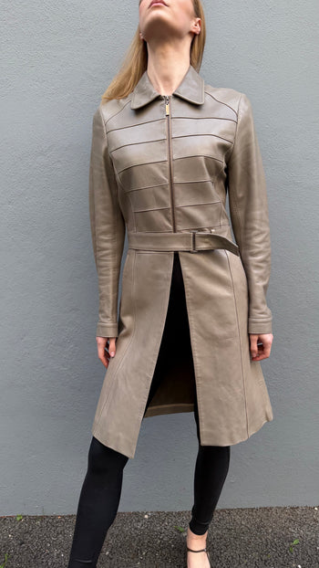 Barbara Buiko leather in stone colour long-line coat