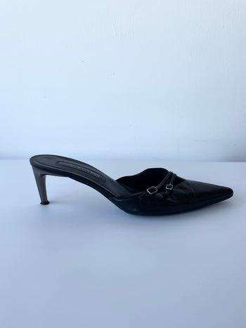 Sergio Rossi black leather bondage 2000’s kitten heel mules