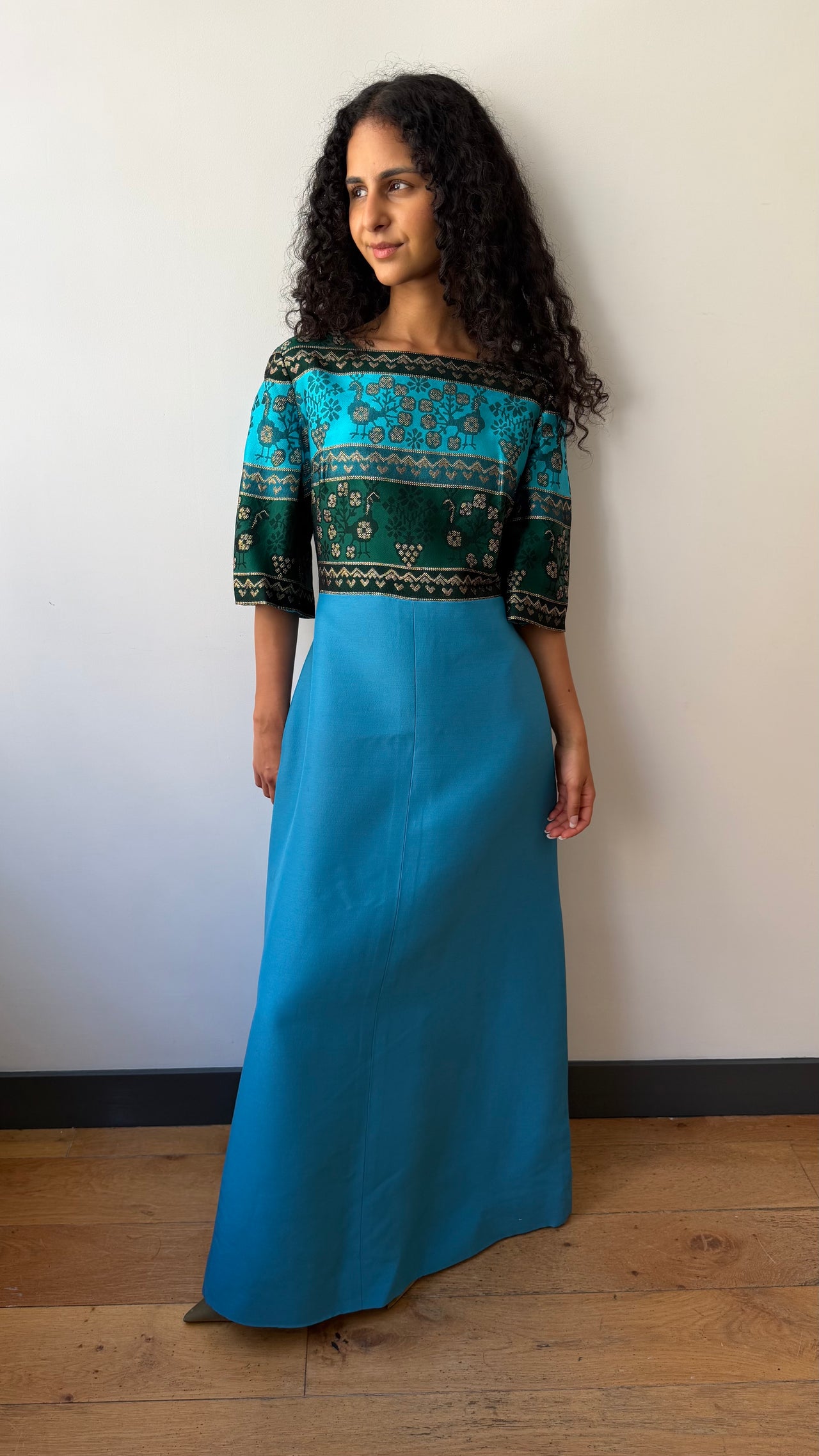 1970’s maxi silk & wool turquoise gown dress