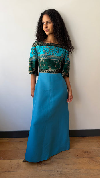 1970’s maxi silk & wool turquoise gown dress