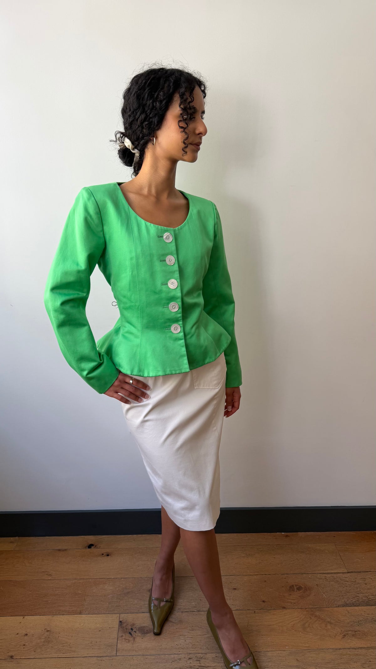 YSL Rive Gauche 1990’s peplum shape jacket in salad green