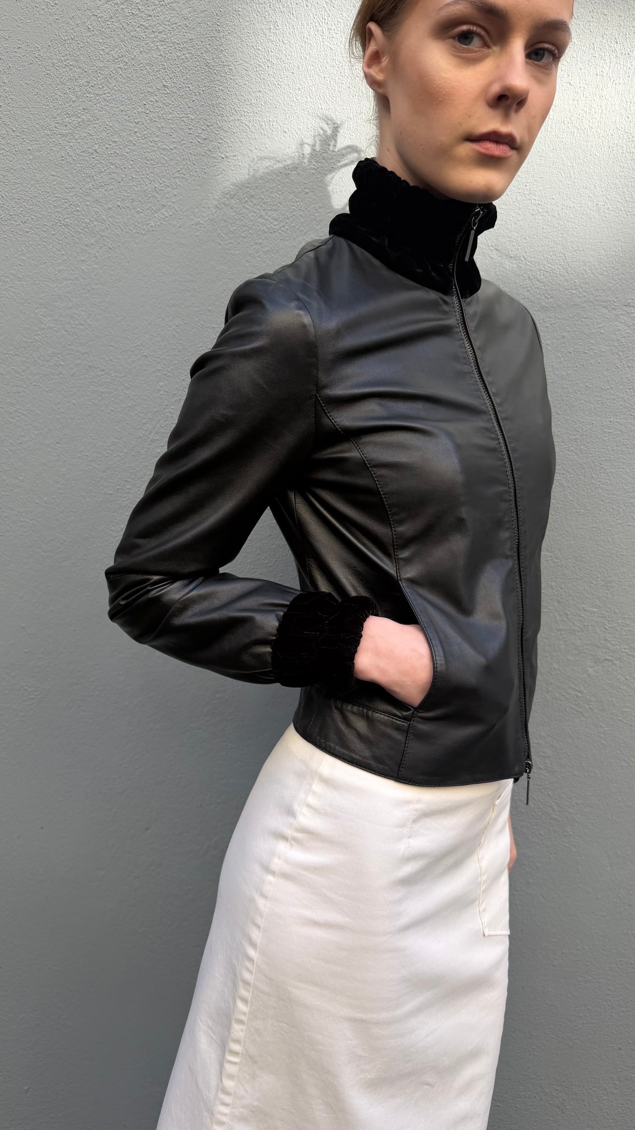 Armani Jeans high-collar zipped leather jacket XS