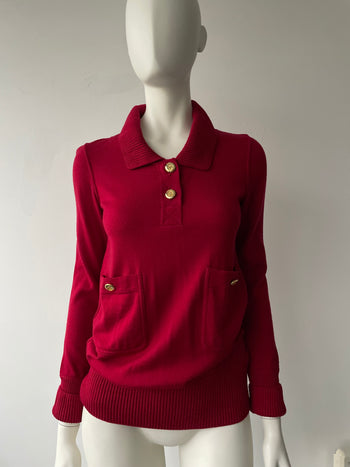 Chanel vintage wool cherry red CC button front pocket jumper