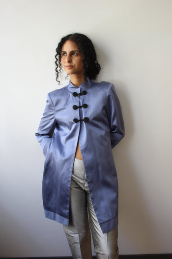Vintage Mandarin pure silk pastel blue long-line jacket