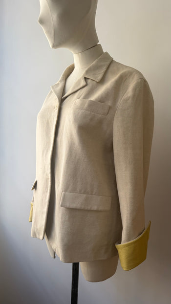 Prada SS1998 linen blend jacket with contrasting yellow green leather cuffs