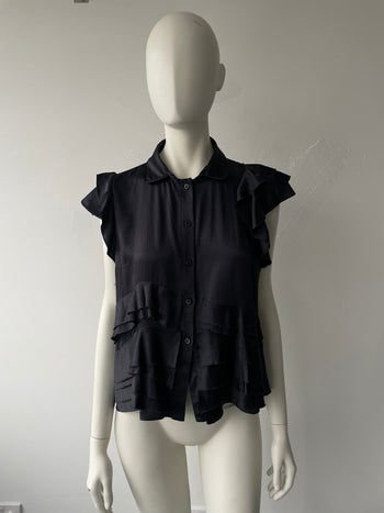 Prada silk distressed frayed short sleeve blouse charcoal black 44IT