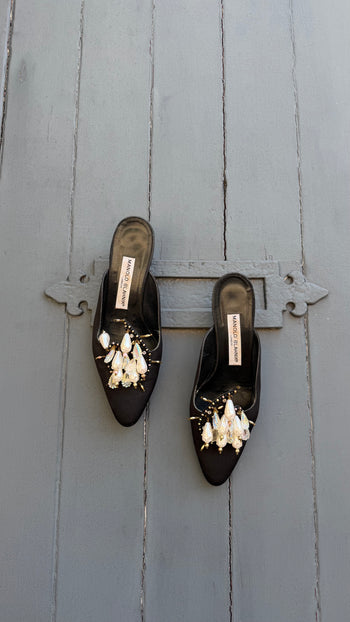 Manolo Blahnik vintage evening mules with faux pearls 37.5