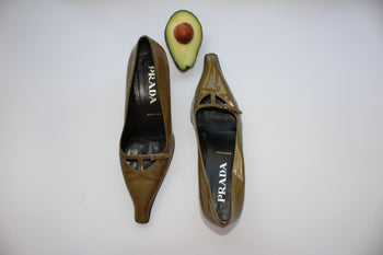 Prada archive olive green patent leather courts
