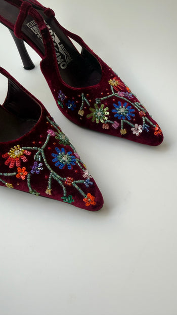 Salvatore Ferragamo beaded velvet slingback courts 38.5