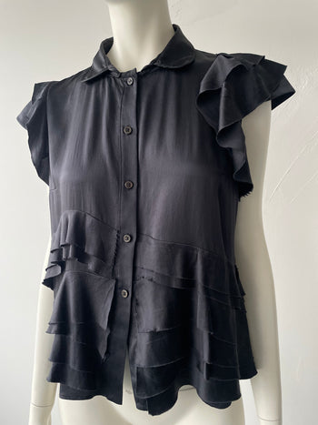 Prada silk distressed frayed short sleeve blouse charcoal black 44IT