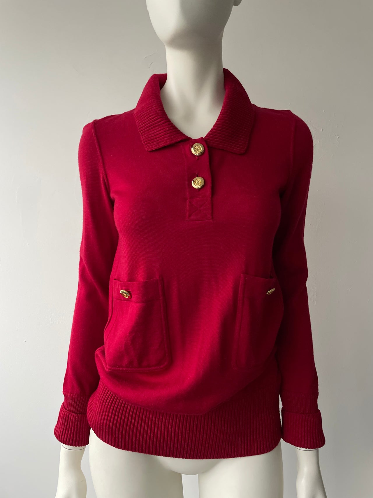 Chanel vintage wool cherry red CC button front pocket jumper